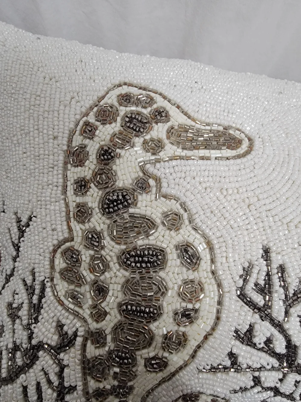 Beaded Seahorse Accent Pillow - White and Gold